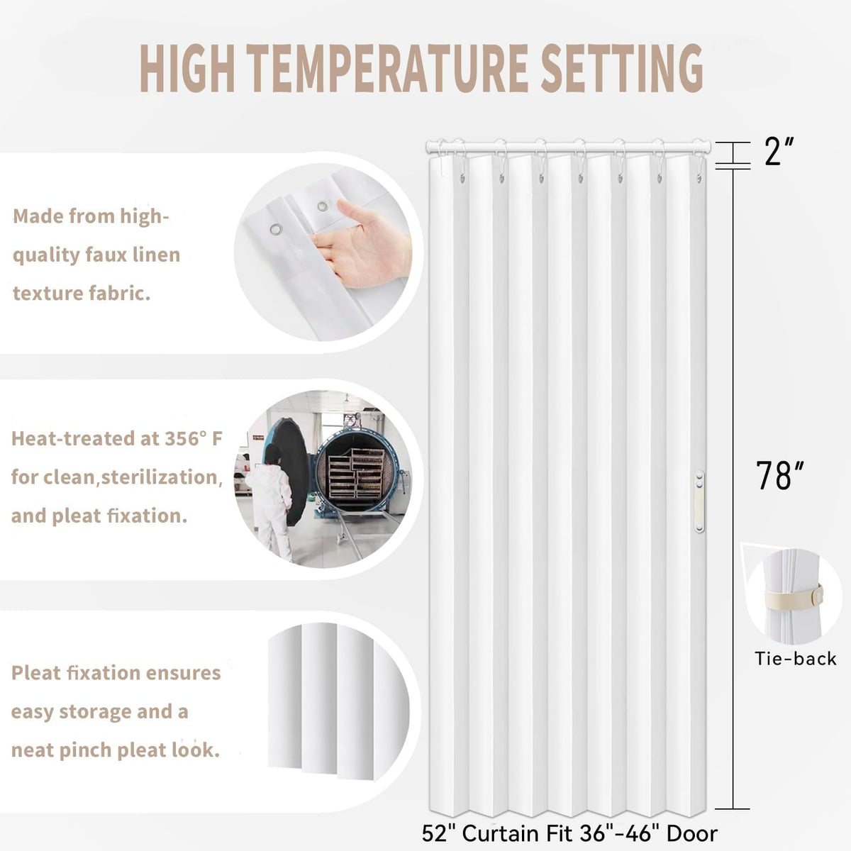 Vatge Pleated Folding Curtains for Doorway - Laundry Room Curtains for Doorway, Bedroom, and Closet Without Door, Room Divider Curtain for Closet Door, 1 Panel with Tieback, W52 x L78, White