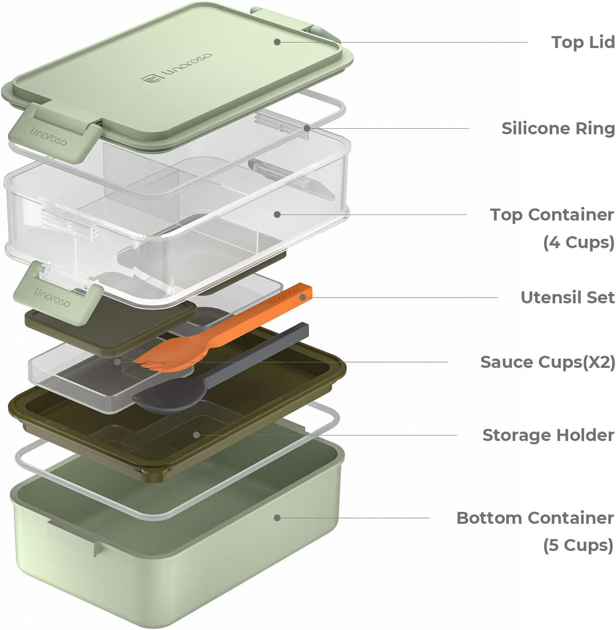 linoroso Stackable Bento Box Adult Lunch Box | Meet All You On-the-Go Needs for Food, Salad, and Snack Box, Premium Bento Lunch Box for Adults Include Utensil Set, Dressing Containers - Pale Mint