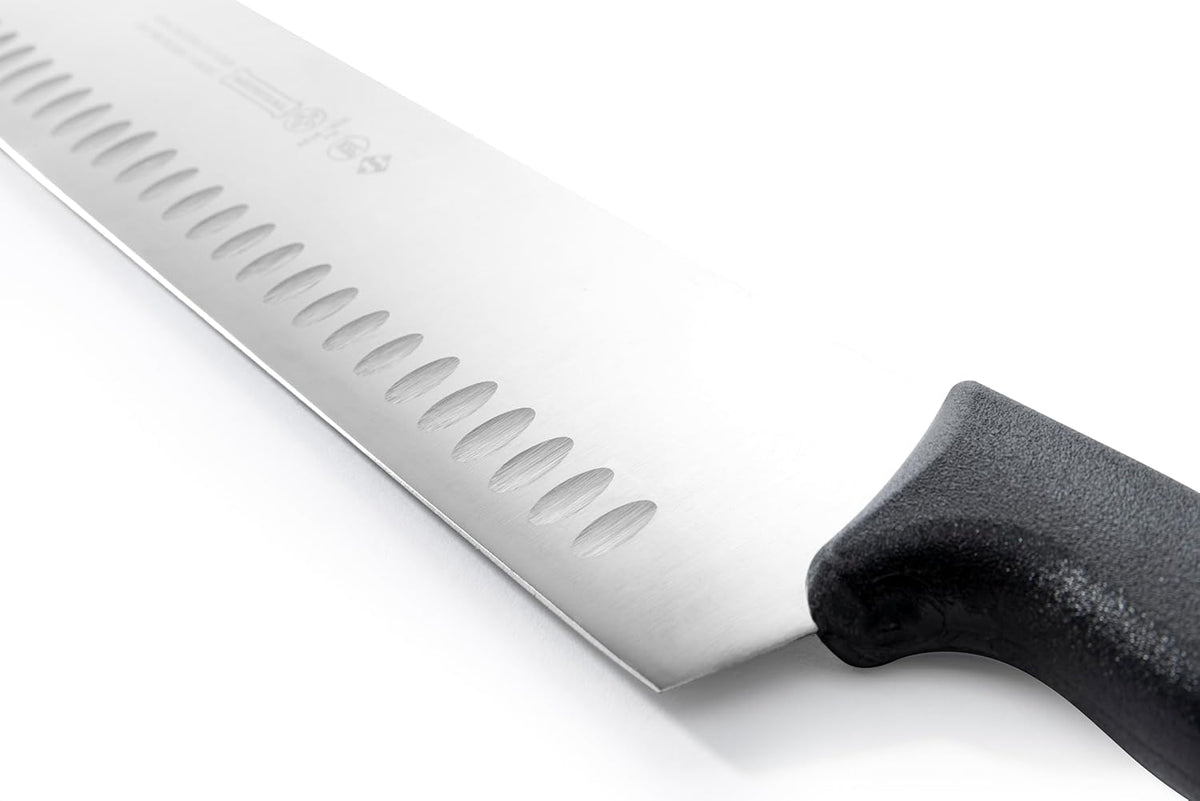 Mundial 16-Inch Carbon Stainless Steel Cheese Slicer Knife – Double Handle, Granton Edge for Non-Stick Cutting, Includes Safety Sleeve Protector, Ideal for Blocks of Cheese