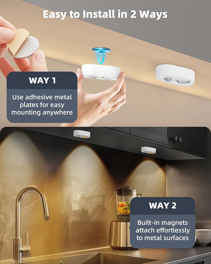 Yiliaw LED Motion Sensor Puck Lights Indoor, Small Rechargeable Under Cabinet Lighting, Dimmable Warm White Closet Lights, Stick on Wireless Night Light for Drawer, Shelf, Kitchen, White (3 Pack)