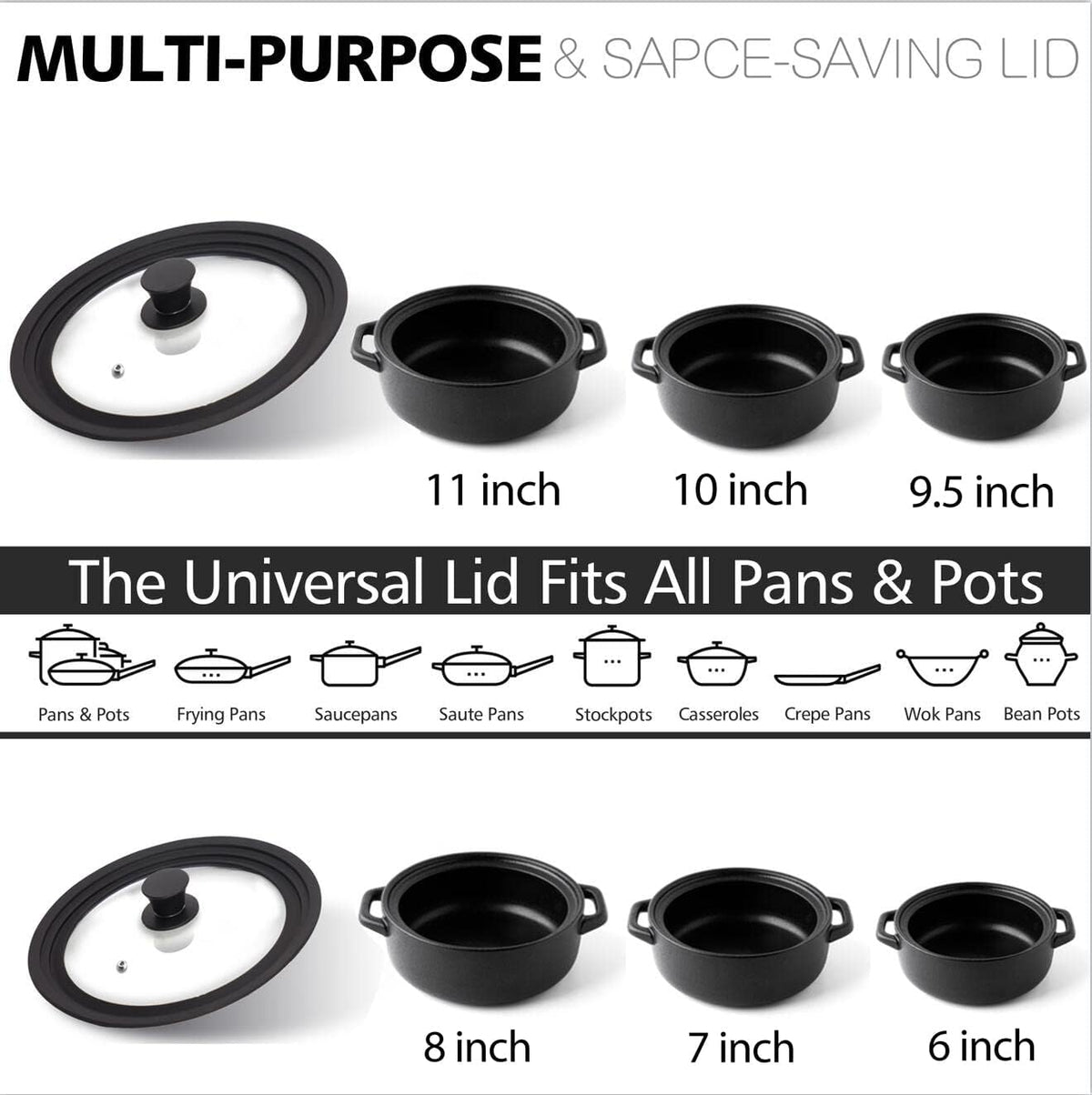Anaeat Silicone Universal Lid for Pots, Pans and Skillets - Tempered Glass Covered with Heat Resistant Silicone Rim Fits All 6" to 11" Diameter Cookware -Easy to Use Replacement Frying Pan Cover