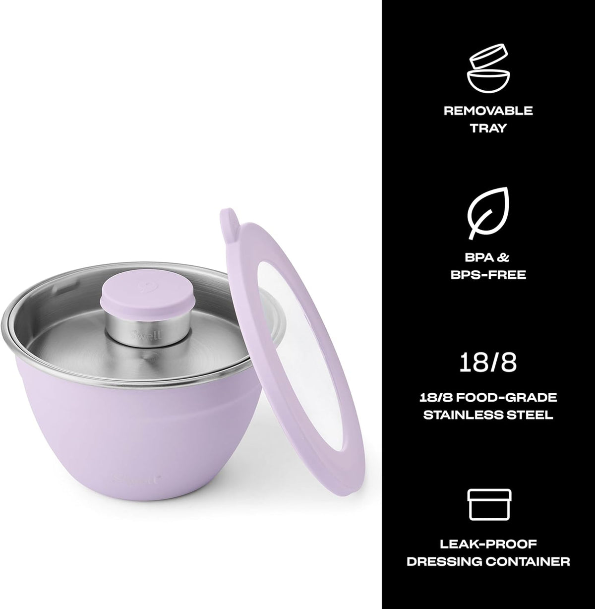 S'well Stainless Steel Salad Bowl Kit 64oz, Lilac, Comes with 2oz Mini Canister and Removable Tray for Organization, Leakproof, Easy to Clean, Dishwasher Safe