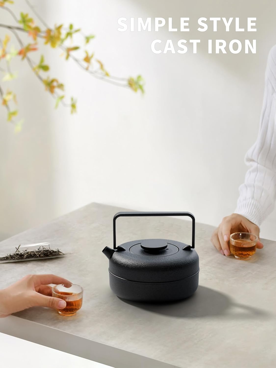 Toptier Teapot with Removable Infuser, Cast Iron Tea Kettle Stovetop Safe, Solid Geometry Cylinder Design Tea Pot Coated with Enameled Interior for 27 Ounce (800 ml), Black