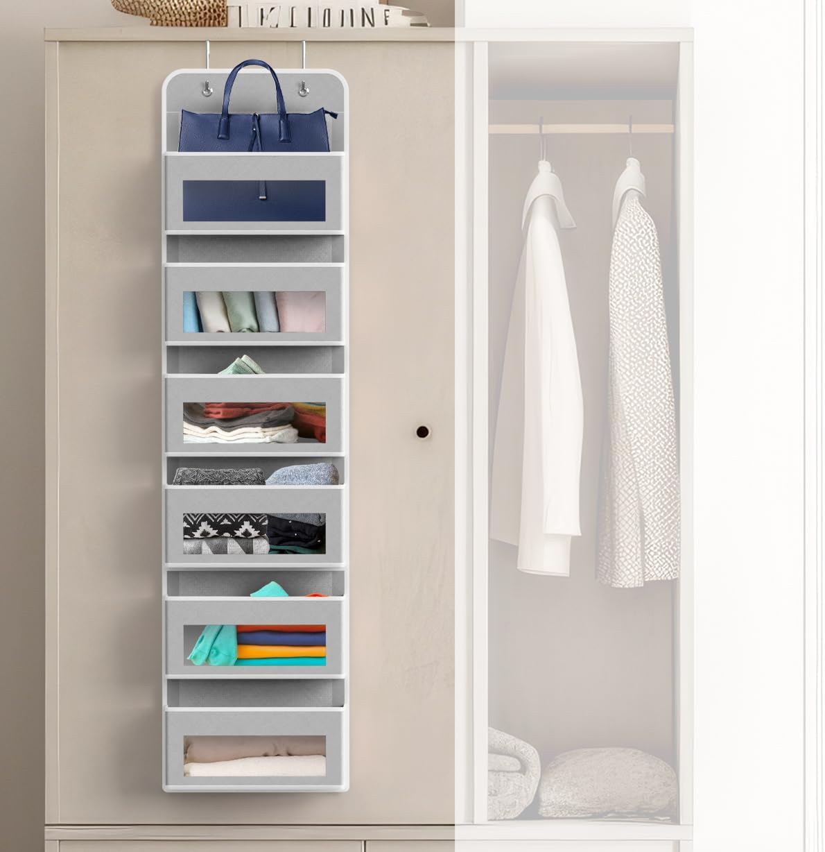 SIMPLE HOUSEWARE 6 Clear Window Pocket Over Closet Door Storage Hanging Organizer for Bedroom, Bathroom, Pantry, Gay