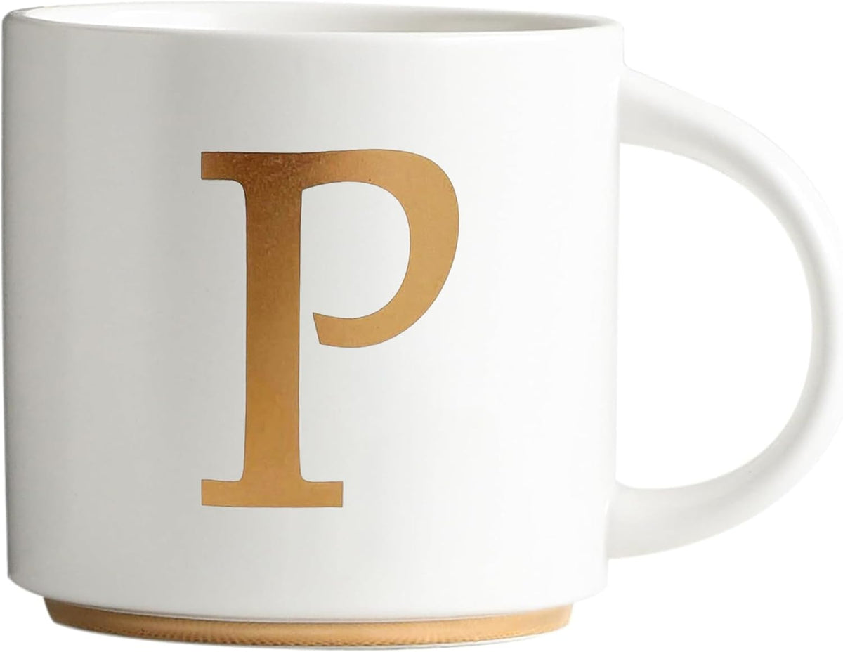 COLLECTIVE HOME - Monogram Ceramic Mugs, 15 oz Golden Initial Coffee Cups, Elegant Alphabet Tea Mugs, Elegant Personalized Mug with Gift Box, Unique Mug with Double Side Capital Letter (P)