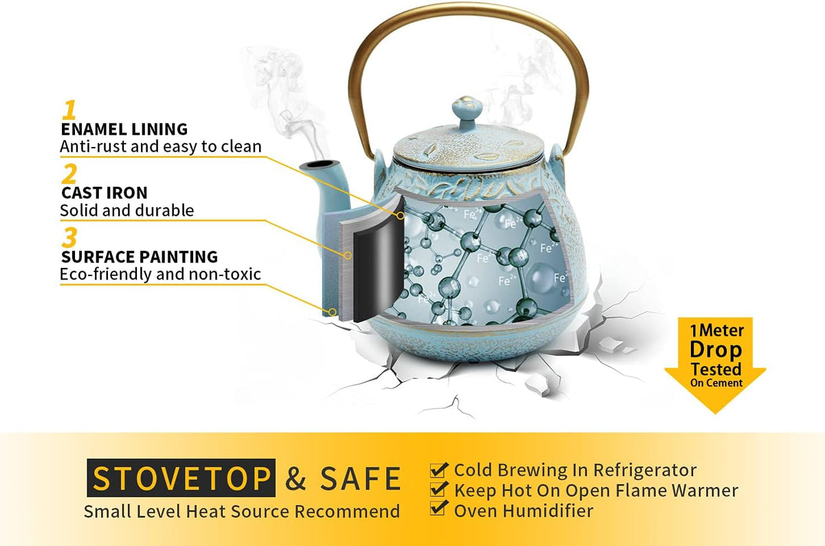 TOPTIER Japanese Cast Iron Tea Kettle with Stainless Steel Infuser, Cast Iron Teapot Stovetop Safe, Leaf Design Teapot Coated with Enameled Interior, 32 Ounce (950 ml), Turquoise Blue