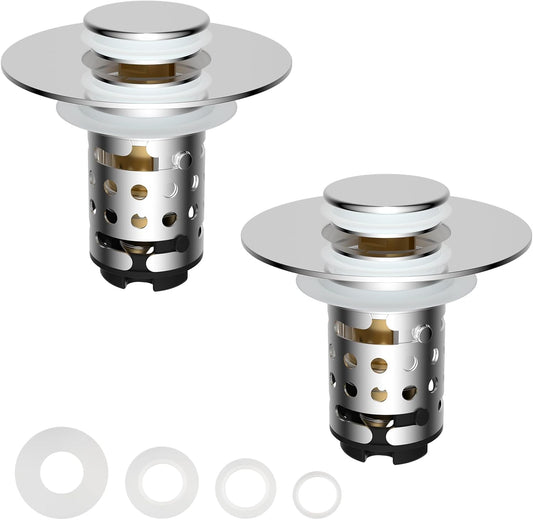 Universal Bathroom Sink Stopper Hair Catcher Upgraded with 2-Layer Detachable Filter Basket – 4 in 1 Pop Up Sink Drain Strainer, Anti-Clog, Odor-Block, Fit for 1.1''~2.36'' Sinks, 2PCS, Chrome