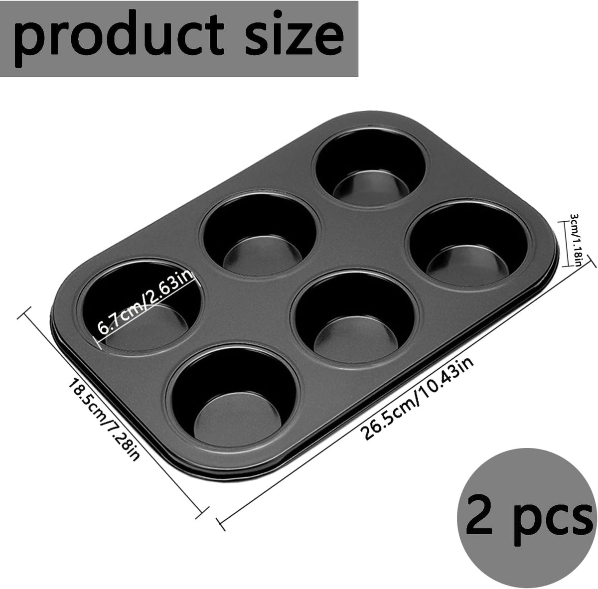 2Pcs Non-Stick 6-Cup Muffin Pan for Baking, Carbon Steel Cupcake Baking Tray, Stackable Cupcake Molds, Dishwasher Safe - 10.4 x 7.3 x 1.1 Inches (Black)