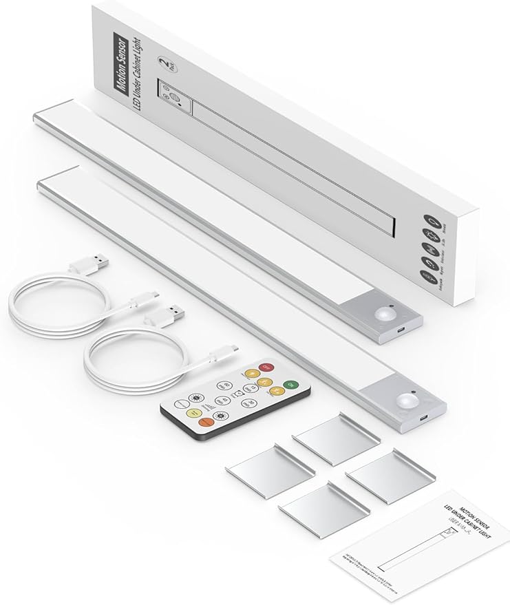 16" Ultra-Thin Under Cabinet Lighting Wireless, Aluminum Alloy Under Counter Lights for Kitchen, 3-Color-Temps Magnetic Closet Lights, Rechargeable Motion Sensor Light Indoor (2 Pack, Silver)