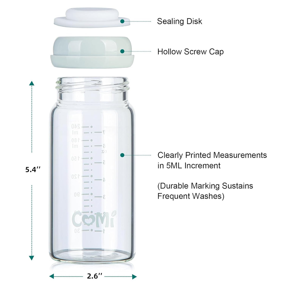 COMI Wide Neck Glass Breastmilk Collection n Storage Bottle, 8oz with Screw Ring Sealing Disk; Re-markable Sealing Disc. BPA Free, Fits Breast Pumps & Nipples (6 Gray Lids)