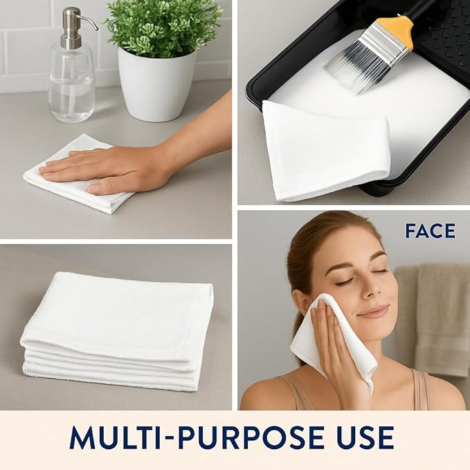 12 Inch x 12 Inch White Cotton Value Washcloths - Reusable Lt Weight Thin Cloth Rags - Bath/Exfoliating/Kitchen/Garage - Set of 48
