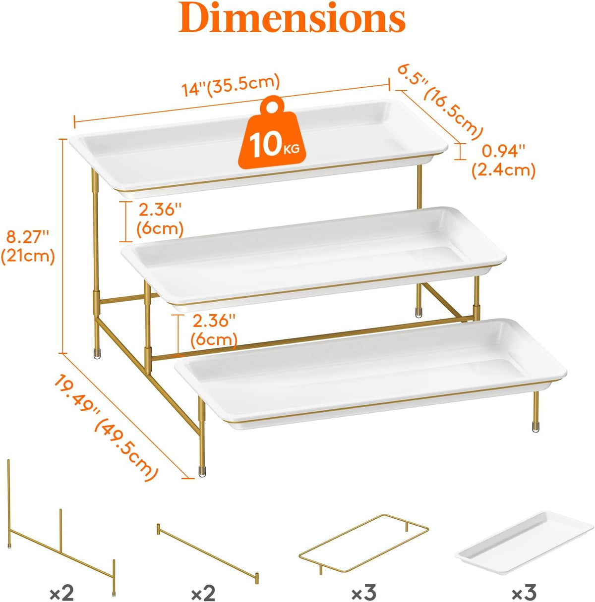 Lifewit Plastic 3 Tier Serving Tray for Party Supplies, 14" x 6.5" Crack-Proof Platters for Serving Food, White Reusable Trays with Yellow Metal Display Stand for Veggie, Fruit, Cookies, Dessert