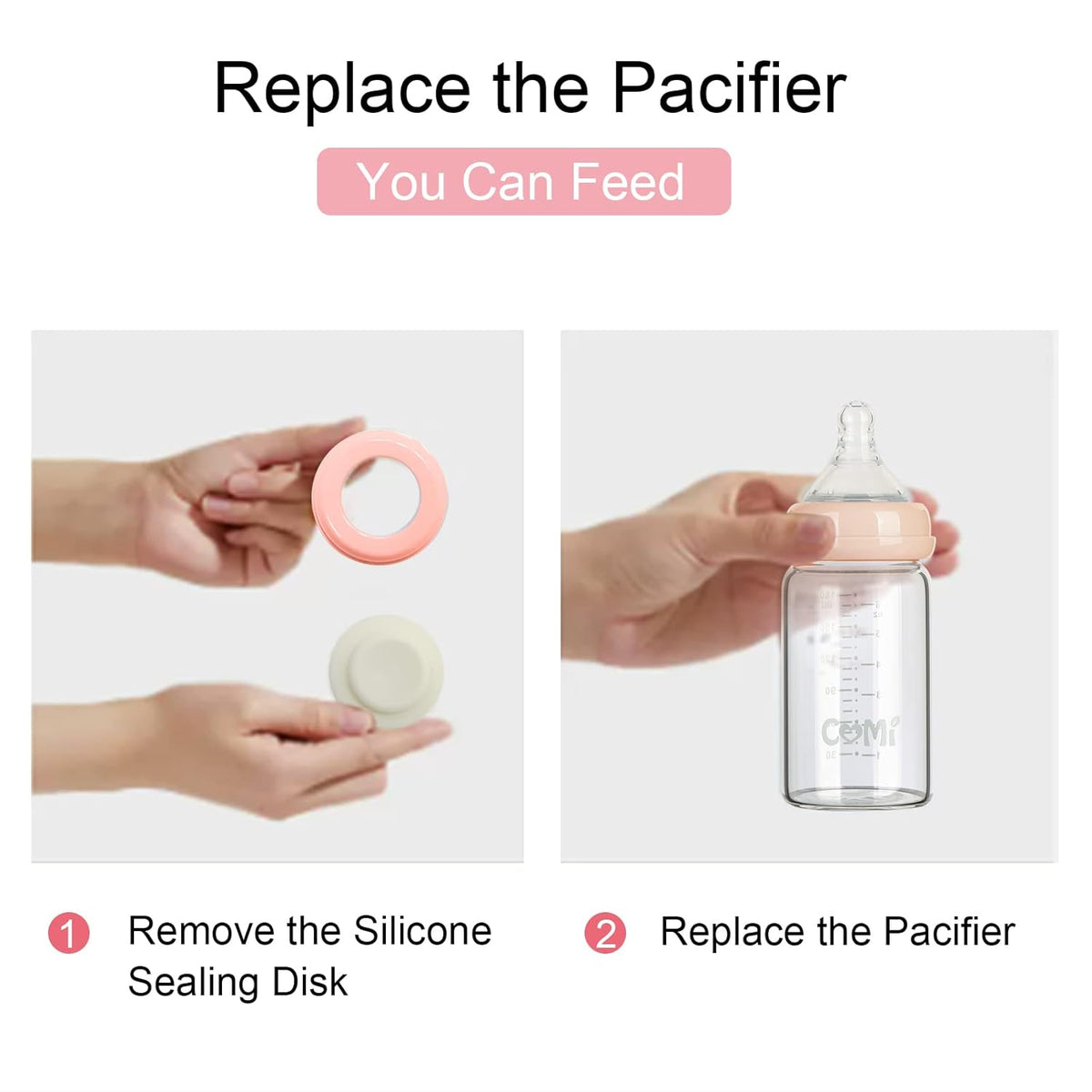 COMI Wide Neck Glass Breastmilk Collection n Storage Bottle, 6oz with Screw Ring Sealing Disk; Re-markable Sealing Disc. BPA Free, Fits Breast Pumps & Nipples (2 Pack Pink Lids)