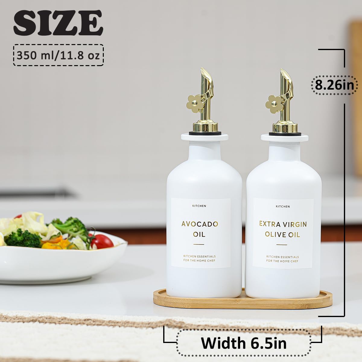 HOMCDALY Olive Oil Dispenser for Kitchen, 11.8oz Glass kitchen Dispenser Bottle, Gold Oil&Vinegar Cruet Set, Leakproof Oil Containers for Cooking| Set of 2 (11.8oz – Gold)