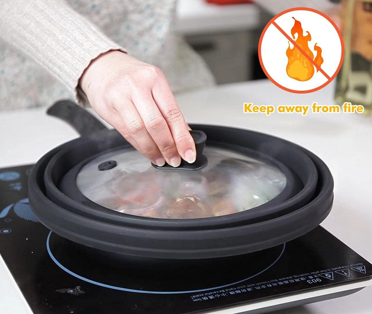 Microwave Splatter Cover Glass Splatter Guard Lid with Collapsible Silicone for Food Pot Cover Plate Cover 10.8 inch Black