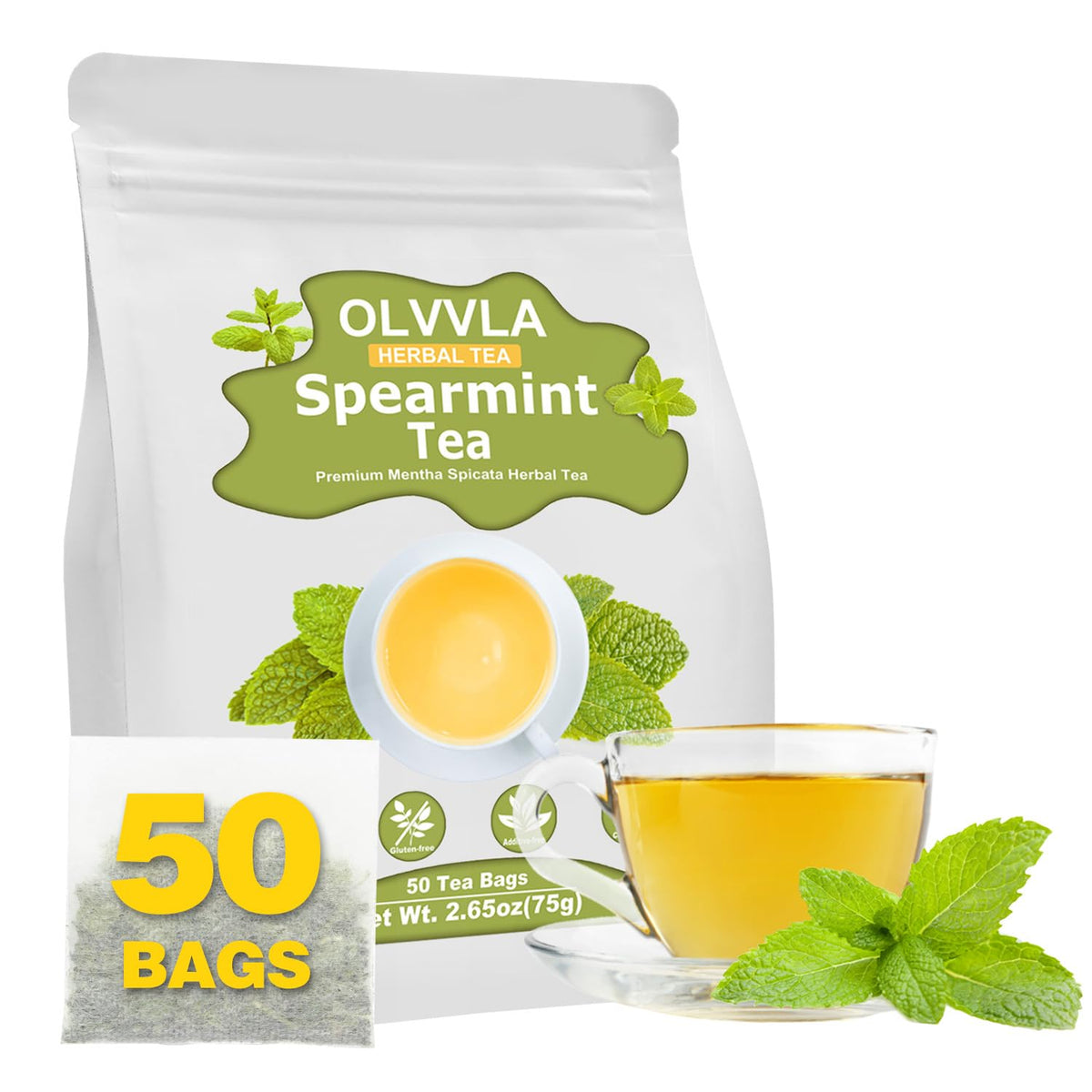 Olvvla - Spearmint Tea Bags - 1.5g X 50 Count - 100% Pure Natural Spearmint Leaves Herbal Tea - Non-GMO - Caffeine-free - Rich in Antioxidants & Promote Relaxation