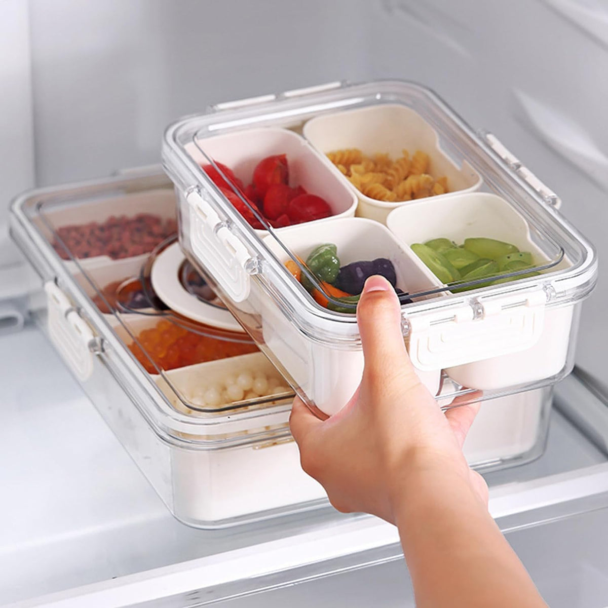 Snack Box Container, 4 Compartments Divided Serving Tray with Lid, Snackle Box Container, Snack Organizer for Fruit, Veggie, Perfect for Party, Entertaining