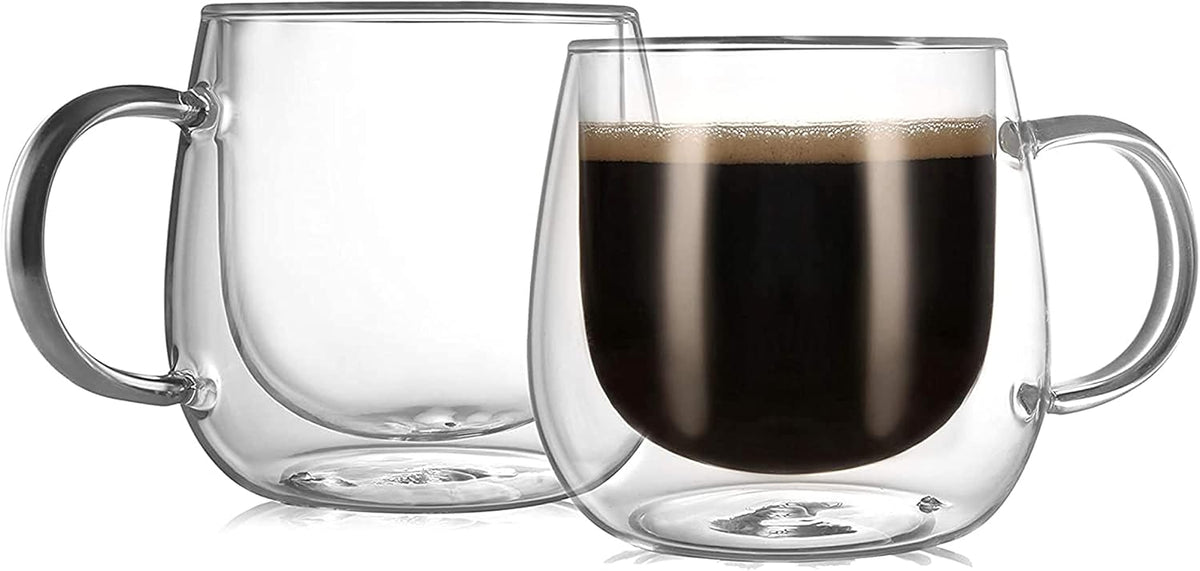 CNGLASS 10oz Double Walled Glass Coffee Mugs(2-pack),Clear Coffee Cups with Handle,Glass Espresso Mugs for Latte,Cappuccino,Tea