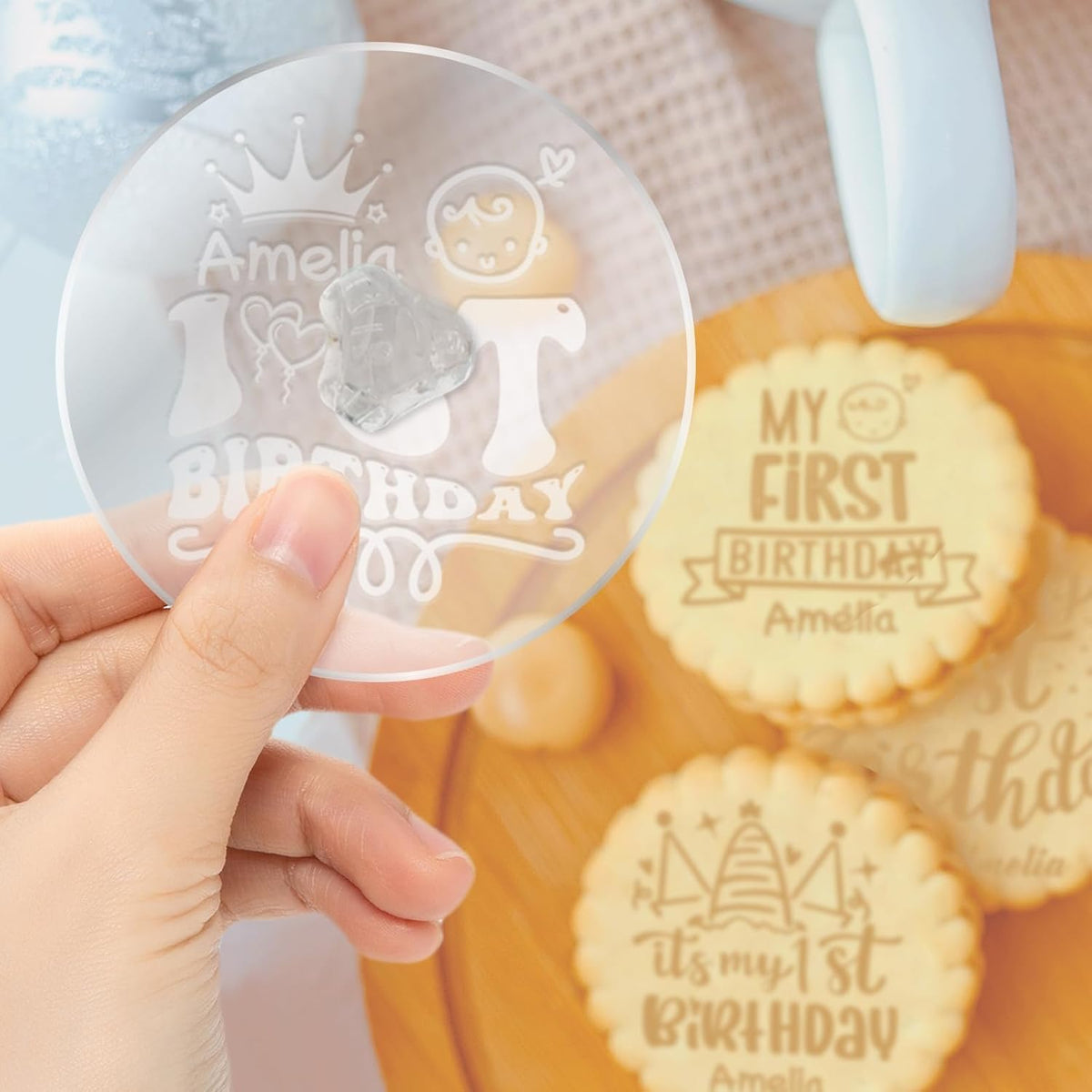 Personalized 1st Birthday Cookie Stamp Custom Acrylic Cookie Embossing Mold with Handle for Baking Decoration