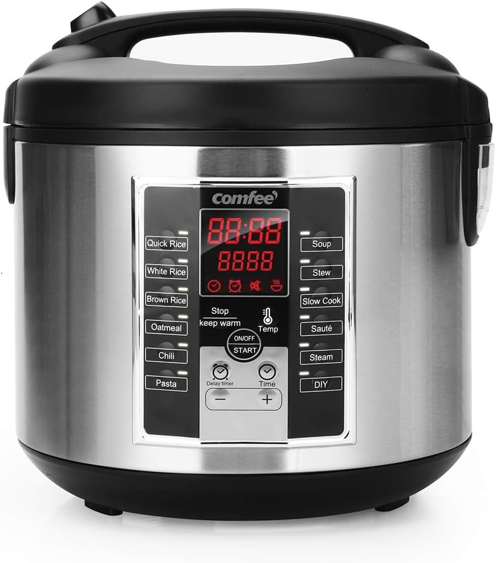 COMFEE' Rice Cooker, Slow Cooker, Steamer, Stewpot, Sauté All in One (12 Digital Cooking Programs) Multi Cooker (5.2Qt ) Large Capacity. 24 Hours Preset & Instant Keep Warm, Black/Silver (MB-M25)