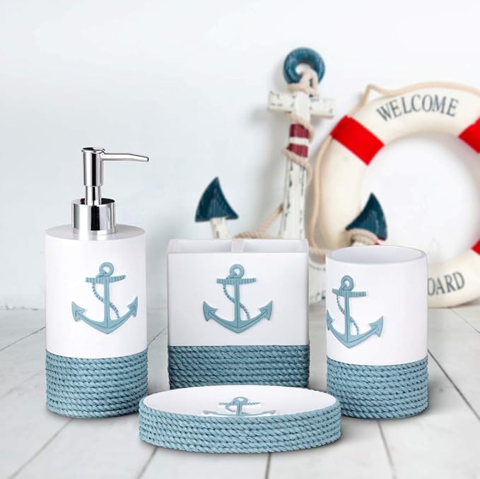 TideAndTales Luxury Nautical Bathroom Accessories Set (4 Piece) Rope and Anchor Beach Bathroom Decor with Ocean and Sea Theme Design, Countertop Coastal Soap Dispenser Set