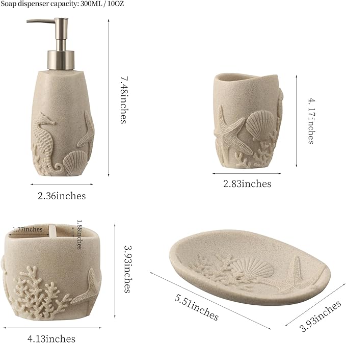 Bathroom Accessories Set, 4 PCS Bathroom Accessory Sets with Soap Dispenser, Toothbrush Holder, Tumbler, Soap Dish, Bathroom Countertop Organizer, Sea Bathroom Decor (Beige)