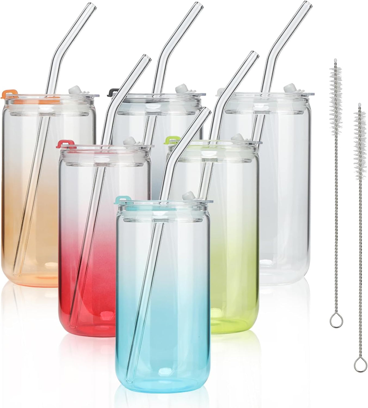 COMI 6pcs Glass Cups with Lids And Straws, Glass Tumbler for Iced Coffee, Drinking Glasses with Two Cleaning Brush,Glass Drinking Set
