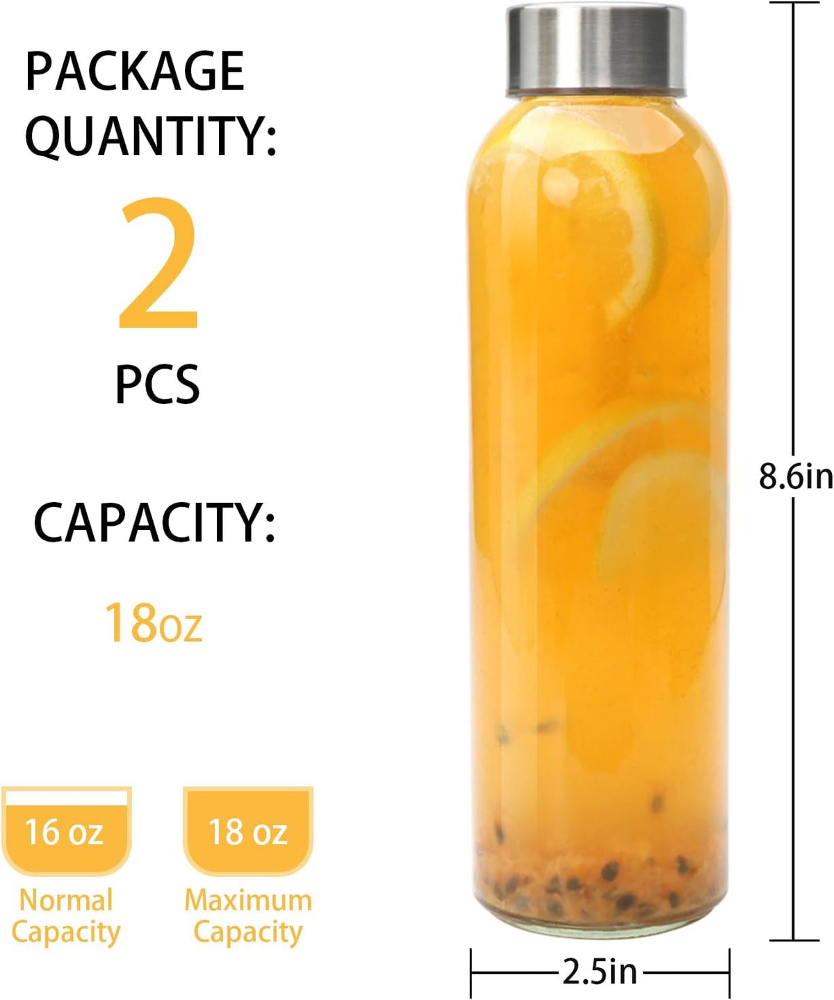 Brajttt Glass Juice Bottle with Lids,16oz Juicing Bottles Reusable, Clear Glass Water Bottles 16 oz with Stainless Steel Airtight Cap,Juice Beverage Container, Leak Proof，Set of 2