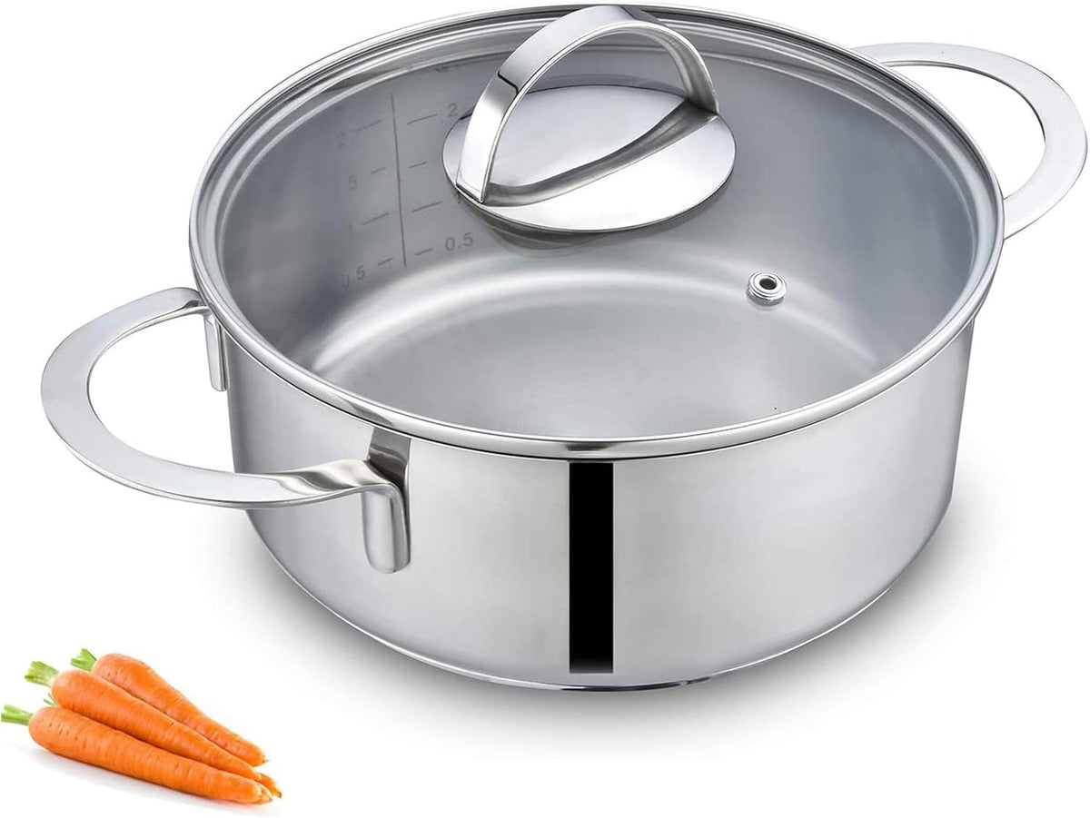 Tri-Ply Stainless Steel Sauce Pan with Steamer Basket & Straining Glass Lid — Heavy-Duty,Thick Base,Rust-Resistant,Warp-Free —100% Food-Grade —Built to Last– Works with All Stovetops, Pasta Pot 2.5 QT