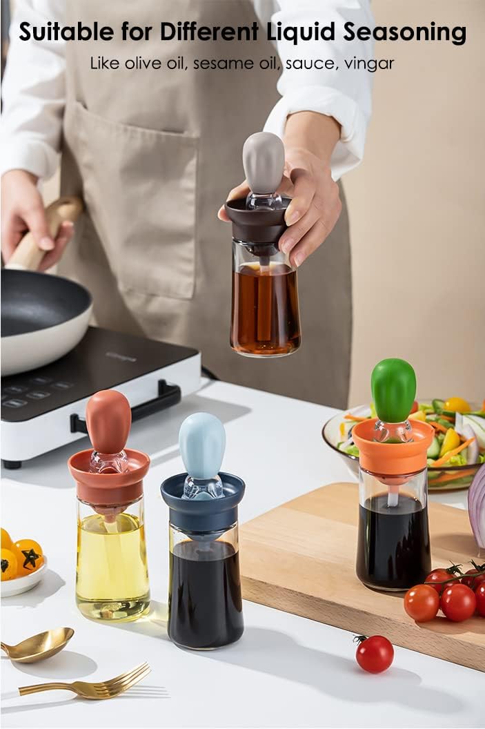 Oil Dispenser with Brush - 2 Pack Glass Olive Oil Dispenser Bottle with Basting Brush for Cooking Frying Baking Kitchen 180ml, T-OB21 Blue+Red