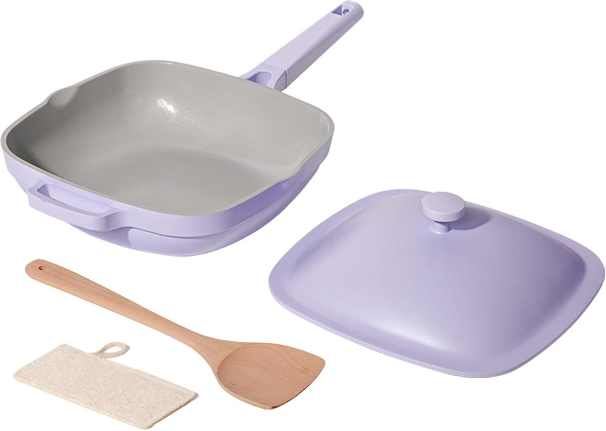 10.5 Inch(3.8QT) Deep Frying Pan,Non Stick Frying Pans Cast Aluminum,Ti-Ceramic Non Toxic Pix Pan with Lid,Natural Wooden Spatula and Loofah Scrubber-Dusk Petal