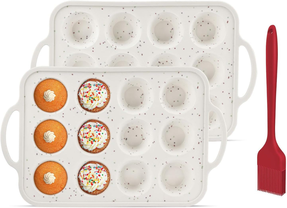 2Pack Silicone Muffin Pan For Baking With Metal Reinforced Frame, 12 Cup Nonstick Cupcake Pan, BPA Free Silicone Mini Muffin Pan, Cupcake Baking Pan Molds for Oven With Silicone Brush（Small Size）