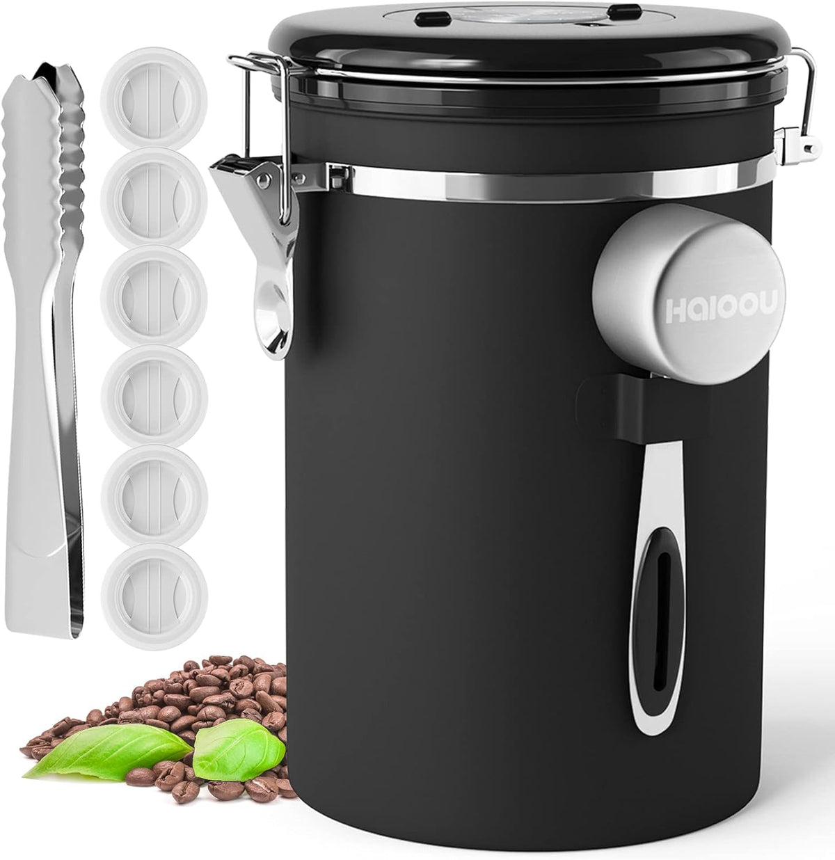 HAIOOU Airtight Coffee Canister, 22OZ Large Stainless Steel Coffee Bean Storage Container with Date Tracker, Measuring Scoop, 6Pcs CO2 Valves and Mini Tongs for Beans, Grounds, Sugar and more - Black