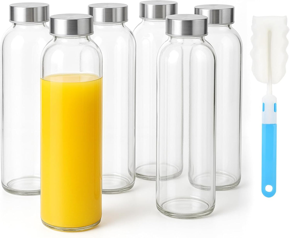 Sursip 24oz Glass Water Bottle Set of 6, Leak Proof Clear glass juice bottle for juicing, Reusable Drinking Bottles with Stainless Steel Lid, Beverage Storage Containers for Refrigerator-BPA Free