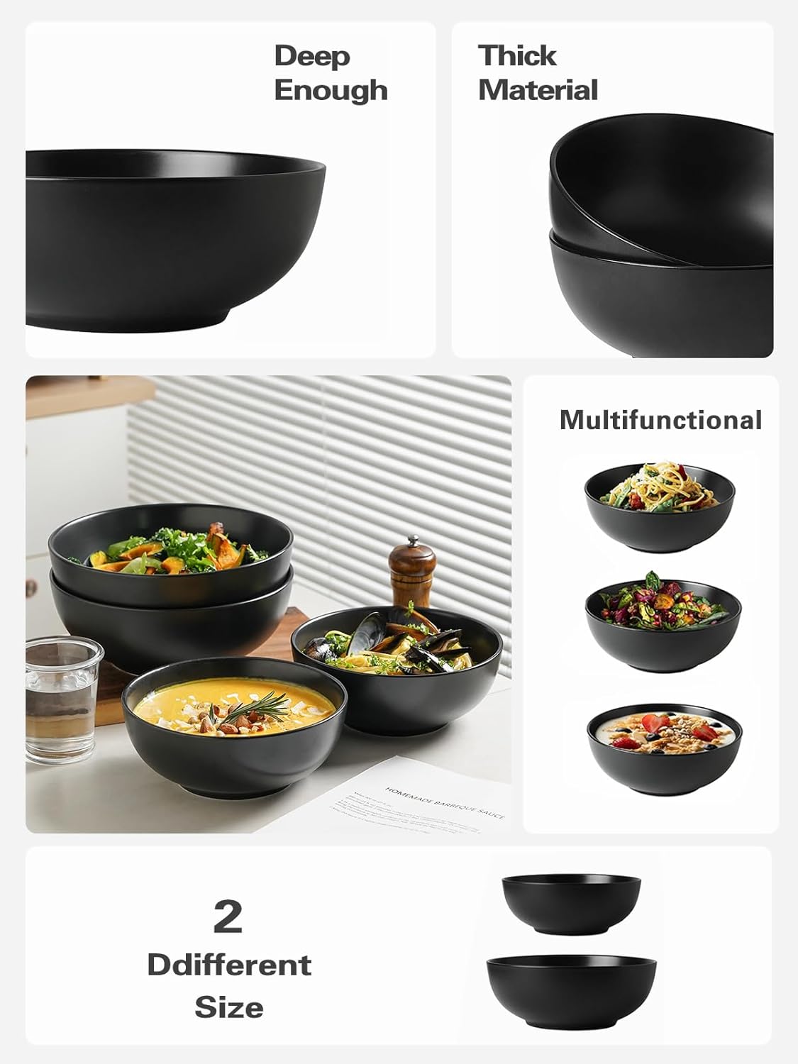 Kanwone Large Serving Bowls - 55 Ounce, Ceramic Salad Bowls, Pasta, Porcelain Soup Bowls, Set of 2, Serving Dishes for Entertaining, Microwave and Dishwasher Safe, Matte Black, Housewarming Gift