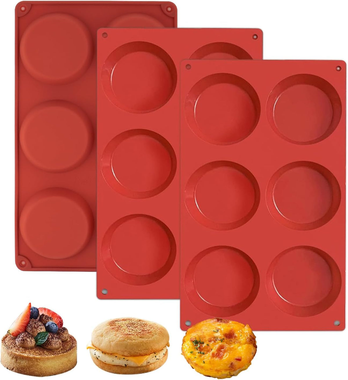 3-Pack Silicone Egg Molds - 3x0.7 Inch Round English Muffin & Breakfast Sandwich Maker, Reusable Non-Stick Baking Pan for Egg Patties, Whoopie Pies, Oven Safe