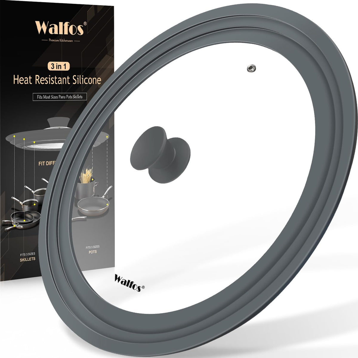 Universal Lid for Pots, Pans and Skillets - Walfos Tempered Glass Pan Lid with Heat Resistant Silicone Rim, BPA Free Large Pot Lids Fits 11", 12" and 12.5" Diameter Cookware, Dishwasher-Safe, Grey