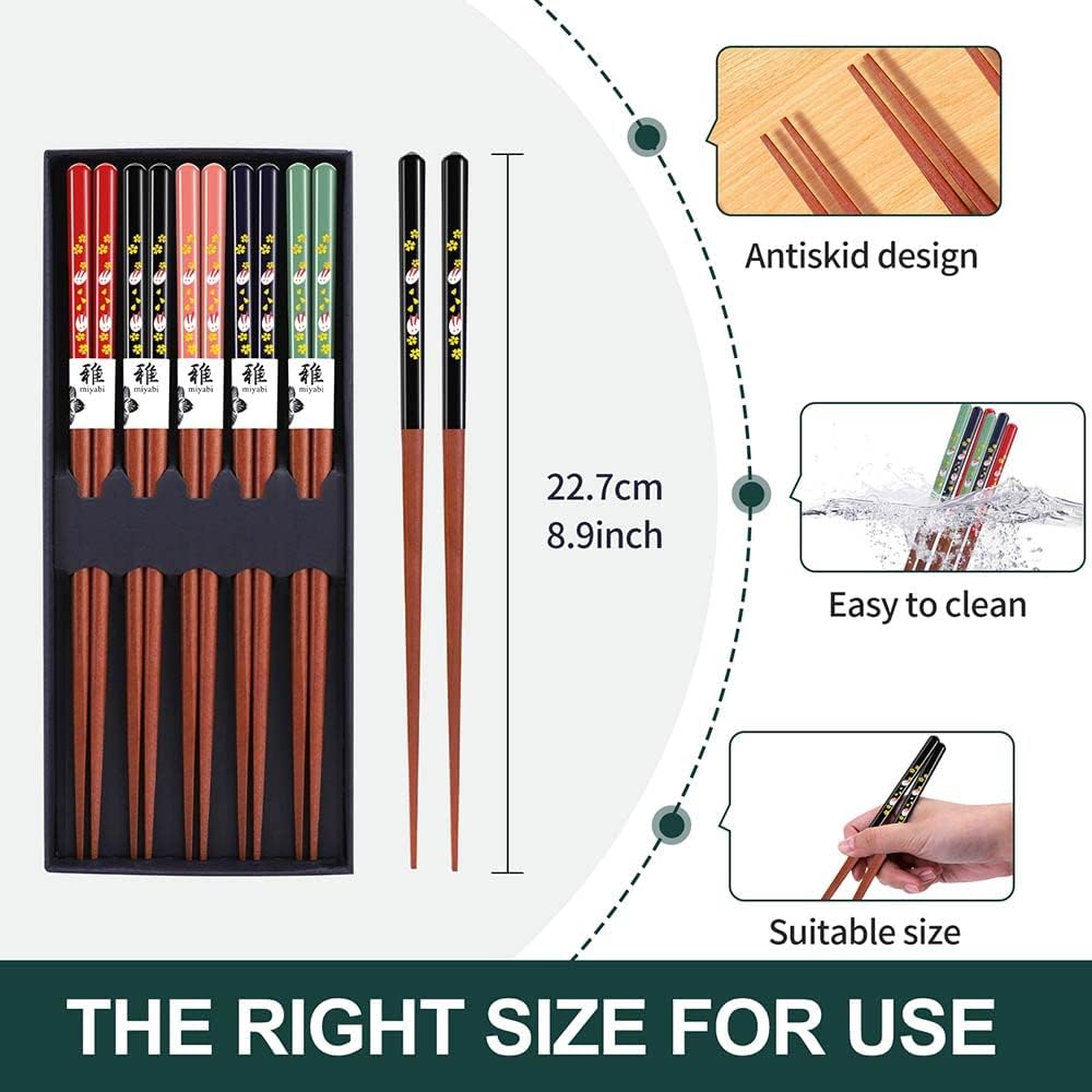 5 Pairs Natural Wooden Chopsticks Reusable Japanese Chopsticks - Lightweight Safe Chop Sticks 8.9 Inch/22.7 cm Gift Set
