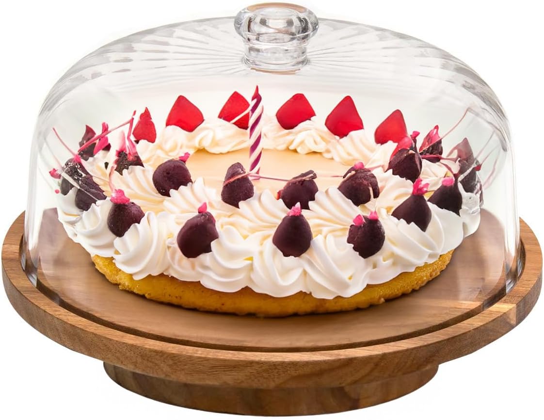 cutesun acacia wood cake stand with lid, 11.8'' Rotating Cake Stand with Dome, Shaterproof 10.4'' Acrylic Cake Display Cover, Cake Holder Tray for Wedding Gift，Kitchen,Birthday,Parties,Baking Gifts