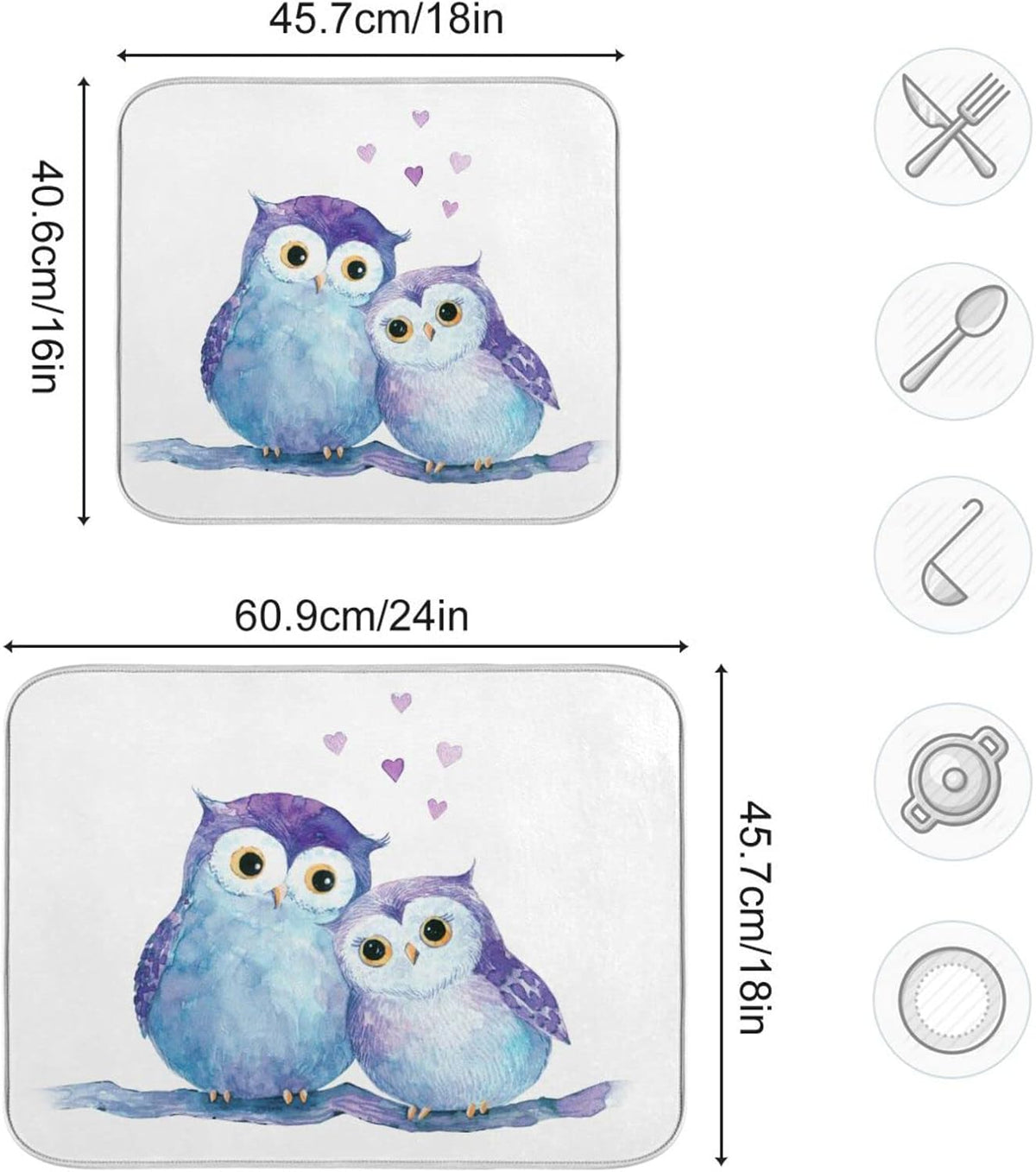 Cute Owl Dish Drying Mat for Kitchen Counter Absorbent Microfiber Drying Pad, Medium 16x18 in, Reversible Drainer Mats