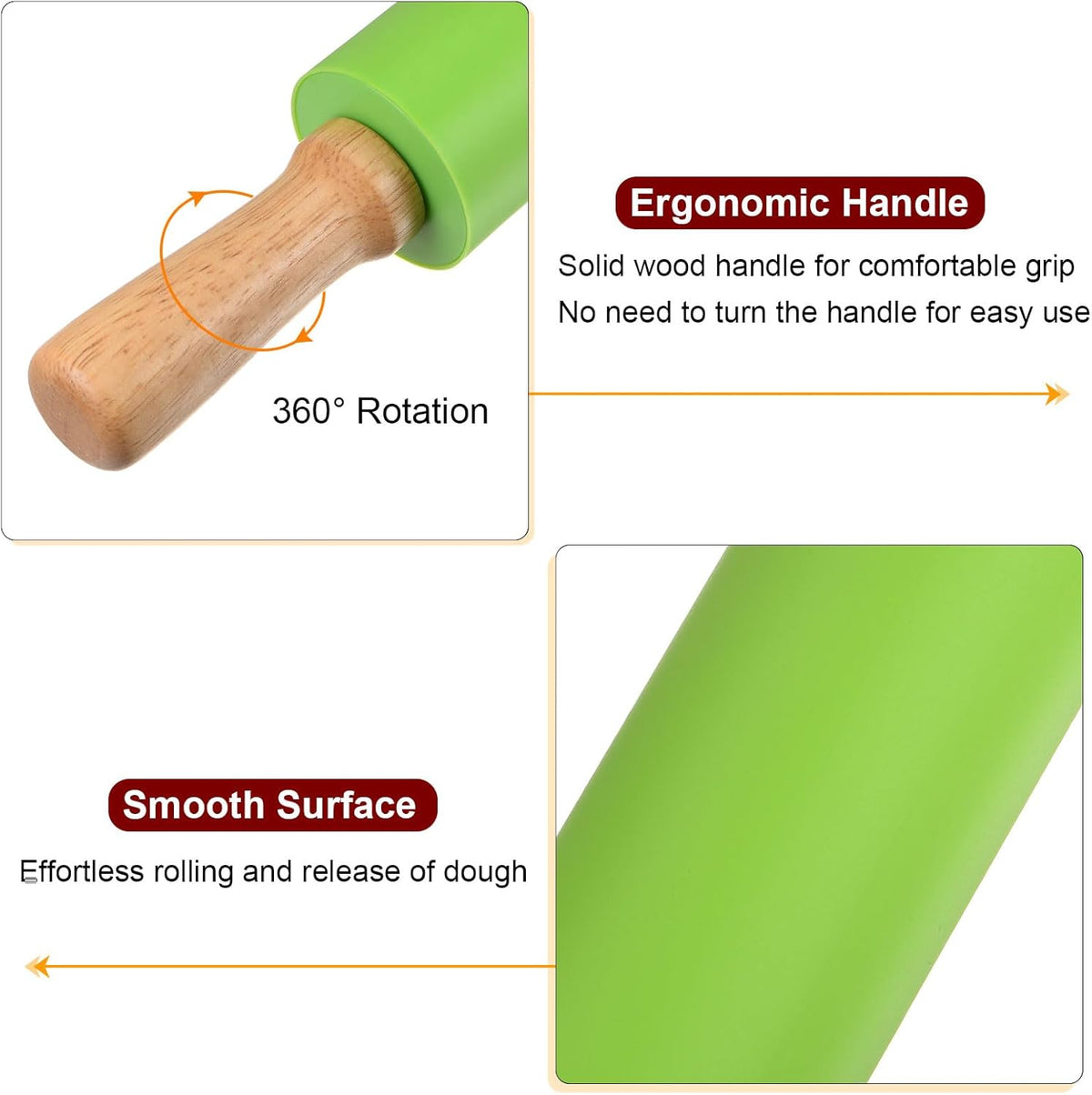 HARFINGTON Silicone Rolling Pins for Baking 15 Inch Wooden Handle Non Stick Rolling Pin Small Roller Playdough Rolling Pins for Dough Pizza Pastry Fondant Kitchen, Green