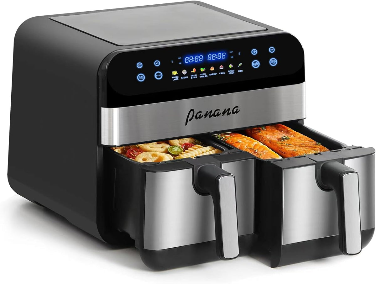 Panana XL 9.5 Quart 8 Preset Cooking Functions 2-Basket Air Fryer with 2 Frying Baskets, Match Cook & Smart Finish to Bake, Roast, Reheat, Broil, Dehydrate & More for Quick, Easy Meals
