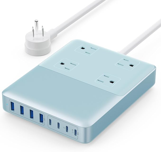 12-in-1 Charging Station USB C Power Strip with 5ft Cord,200W GaN IV USB C Charger Block,4 AC Outlets,4 USB-A,4 USB-C for MacBook,iPhone 16/15/14,Fast Charging Desktop Charger for Office (Light Blue)