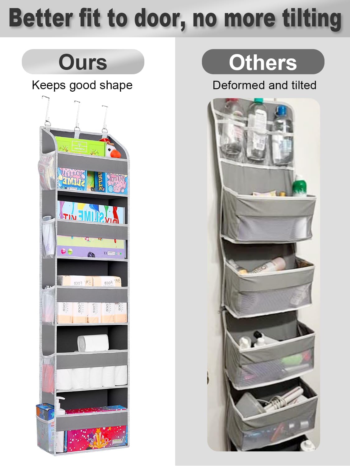 2 Pack Over The Door Storage Organizer with 5 Pockets 10 Mesh Side Pockets, 44 lbs Weight Capacity Door Hanging Organizers and Storage for Bedroom,Bathroom,Nursery,Pantry,Dorm(Light Gray)