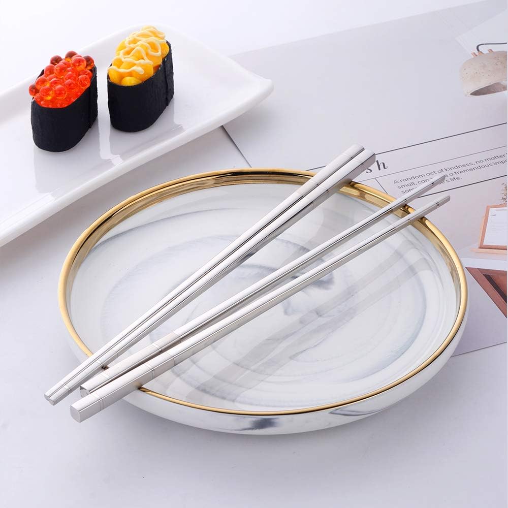Buyer Star 5-pair Stainless Steel Chopsticks - Silver Metal Reusable Chinese Square Chopsticks