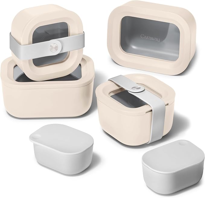 Caraway Mini Food Storage 11pc Set - Glass Storage Containers for Food - Non-Toxic Ceramic-Coated Glass - Air Release Technology - Compact & Stackable Design - Cream