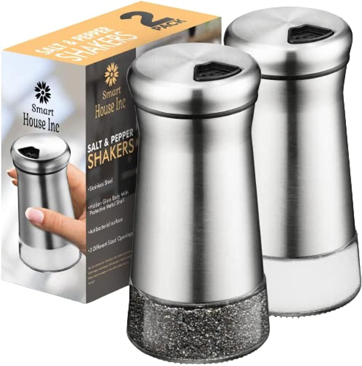 The Original Salt and Pepper Shakers set - Silver- Spice Dispenser with Adjustable Pour Holes - Stainless Steel & Glass Set of 2 Bottles