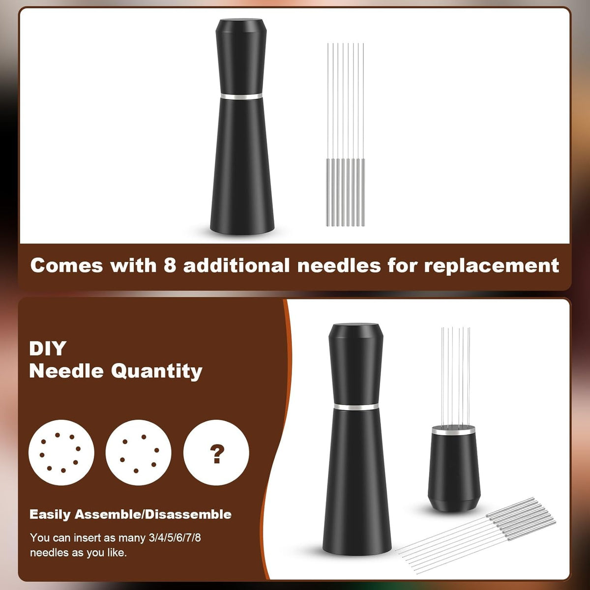 WDT Espresso Distribution Tool, 0.35mm 8 Needle Coffee Stirrer with 8 Extra Needles, 304 Stainless Steel, Aluminum Alloy Handle with Stand, Barista Espresso Whisk Tool (Metal Black)