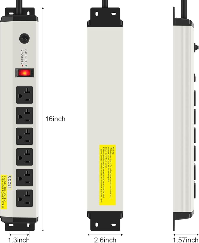 CCCEI 12 Gauge Heavy Duty Power Strip Surge Protector 4800J, 20 Amp 6 Plug Industrial Shop Garage Metal Multiple Outlets, 10 FT Extension Cord 5-15P Adapter High Amp 6-20R T-Slot 20a for Appliance.