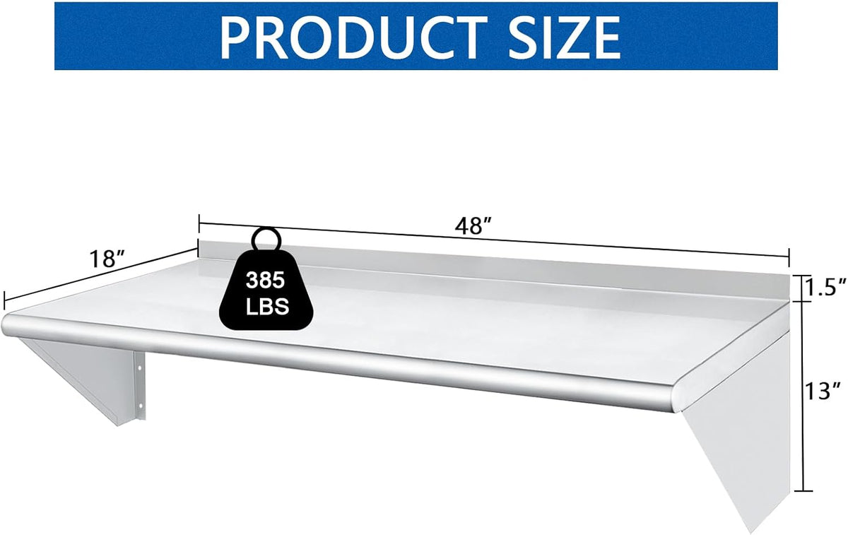 HARDURA Stainless Steel Shelf 18" x 48", 385lb Commercial Shelves Wall Mount Metal Shelving with Backsplash and Brackets for Kitchen, Restaurant, Laundry Room and Home
